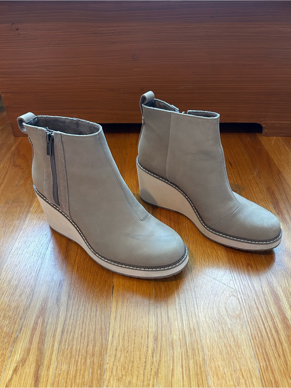 Toms Gray Taupe Wedge Ankle Boots with Side Zip